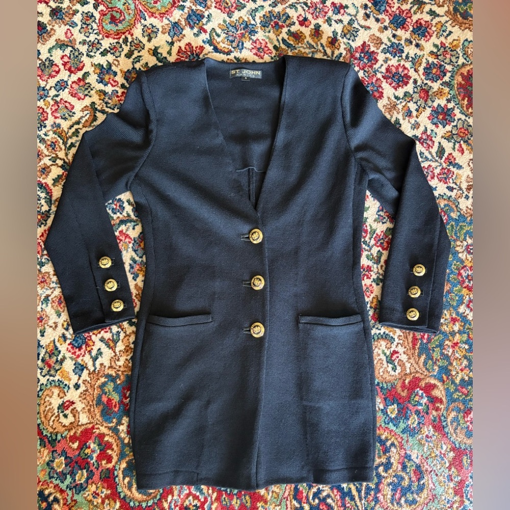 St. John Basics Black Blazer/Cardigan in Size 8 With Gold Emblem Buttons